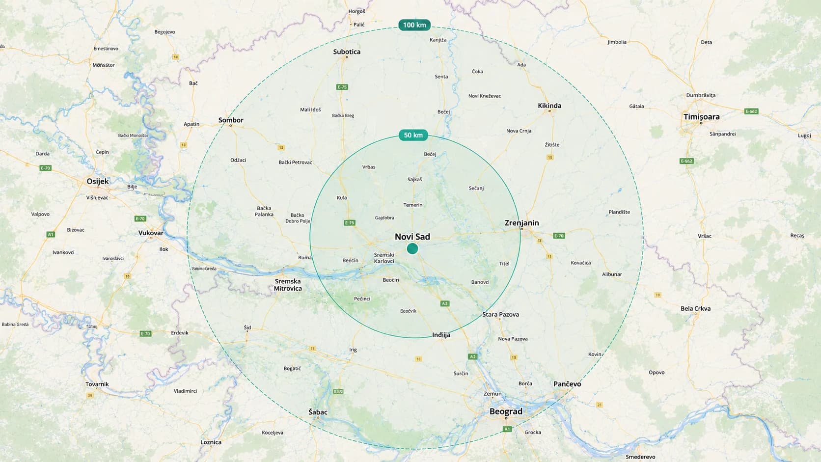Mapa pokrivenosti — Novi Sad sa radijusom dostave do 50 i 100 km